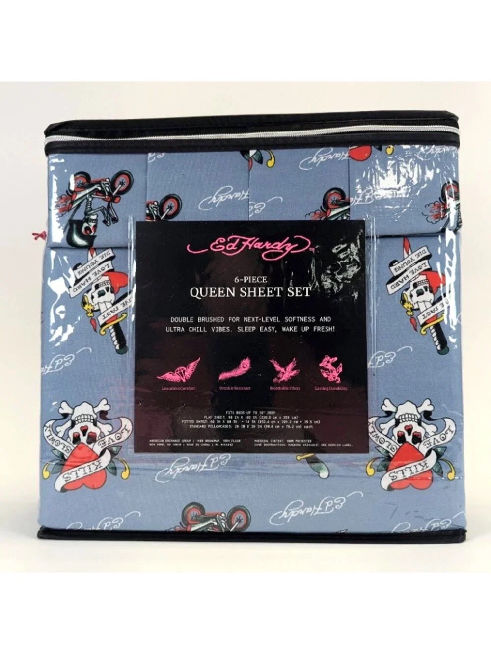 Ed Hardy Queen Sheet Set 6-Piece w 4 Pillowcases Blue Skull Cross Sheets - NEW